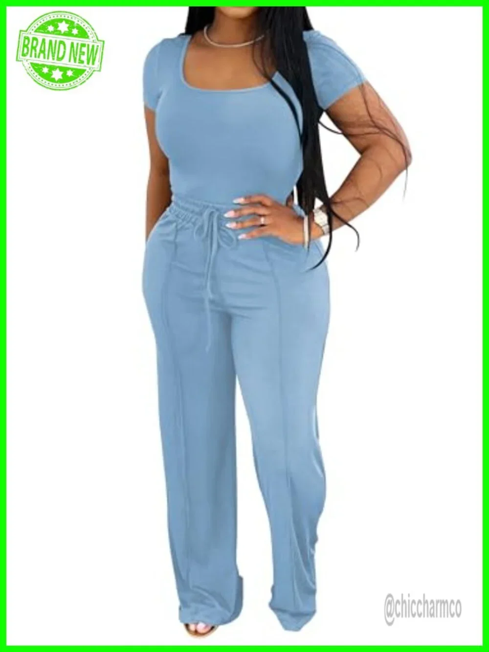 2 Piece Lounge Set Short Sleeve Square Neck Top High Waist Wide Leg Pants